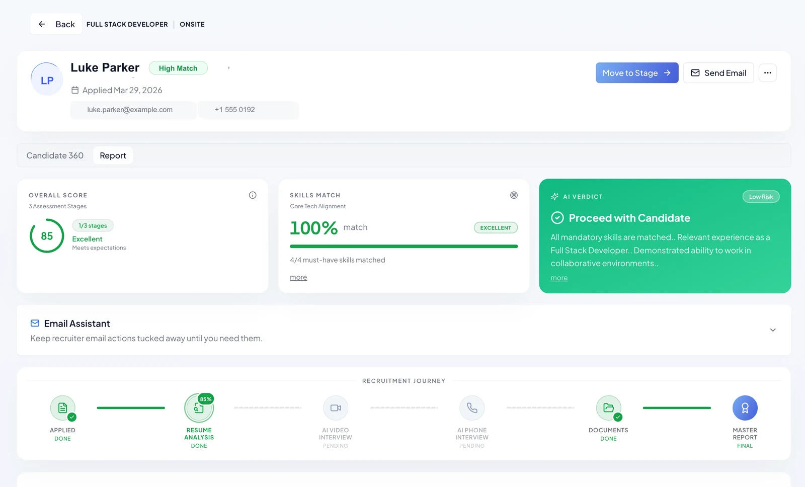 Upfound candidate report showing overall score, skills match, AI verdict, and recruitment journey