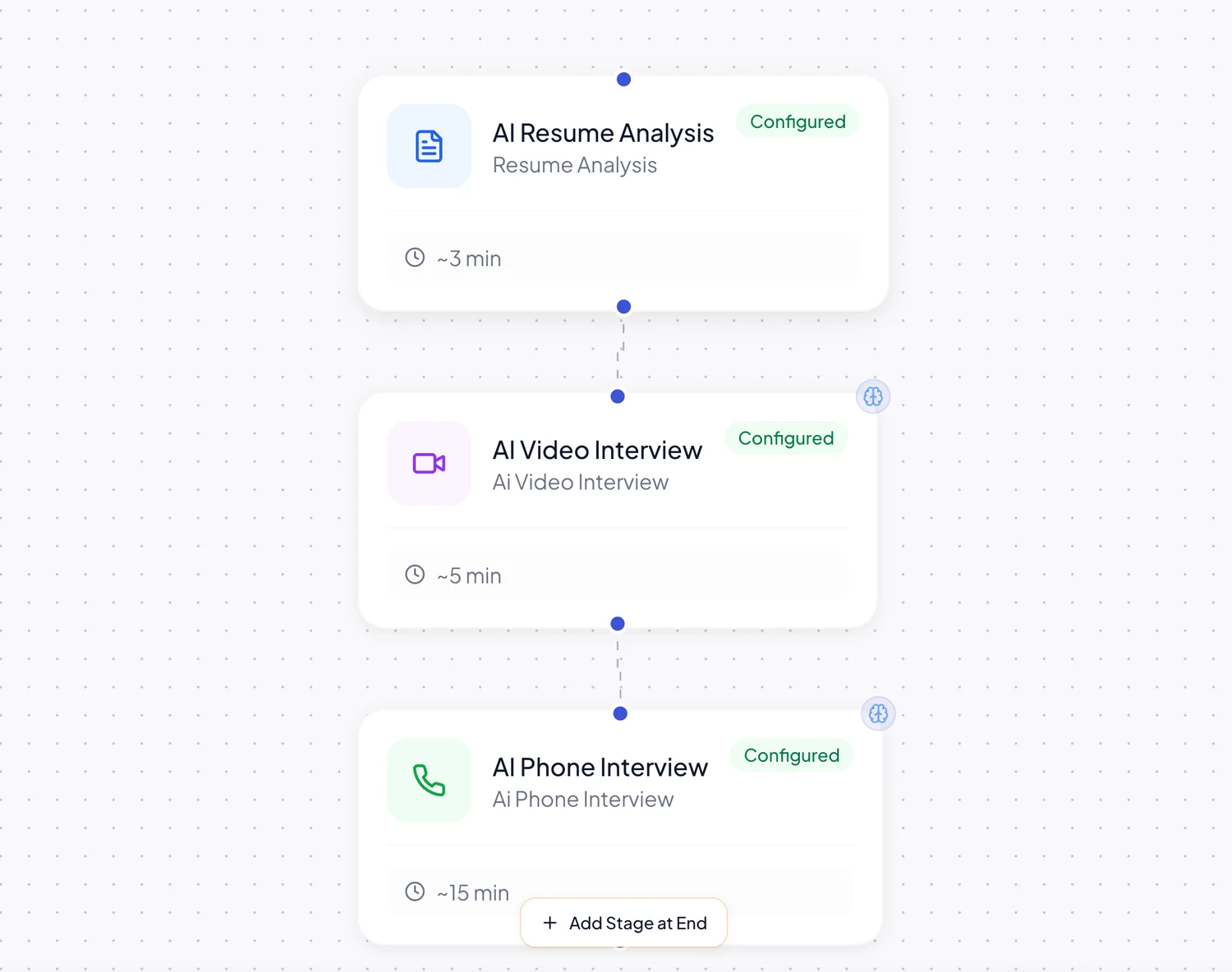 Upfound workflow builder showing resume analysis, video interview, and phone interview stages